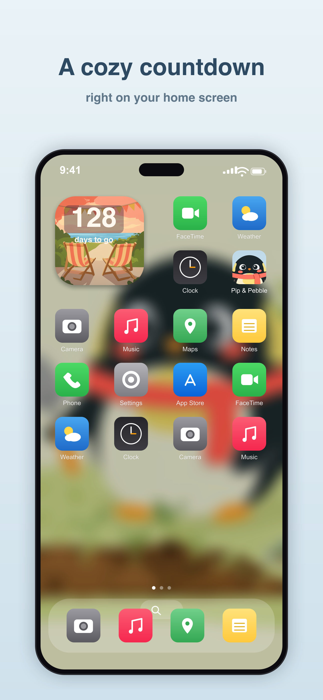 Pip & Pebble home screen showing a countdown widget preview.
